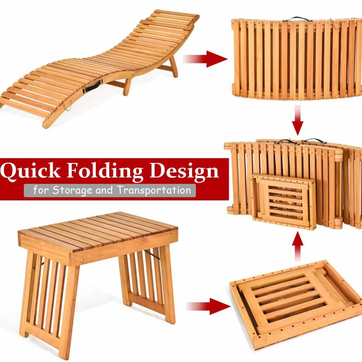 Tangkula 3 Pcs Folding Patio Solid Eucalyptus Wood Lounge Chair Set (Red & White)