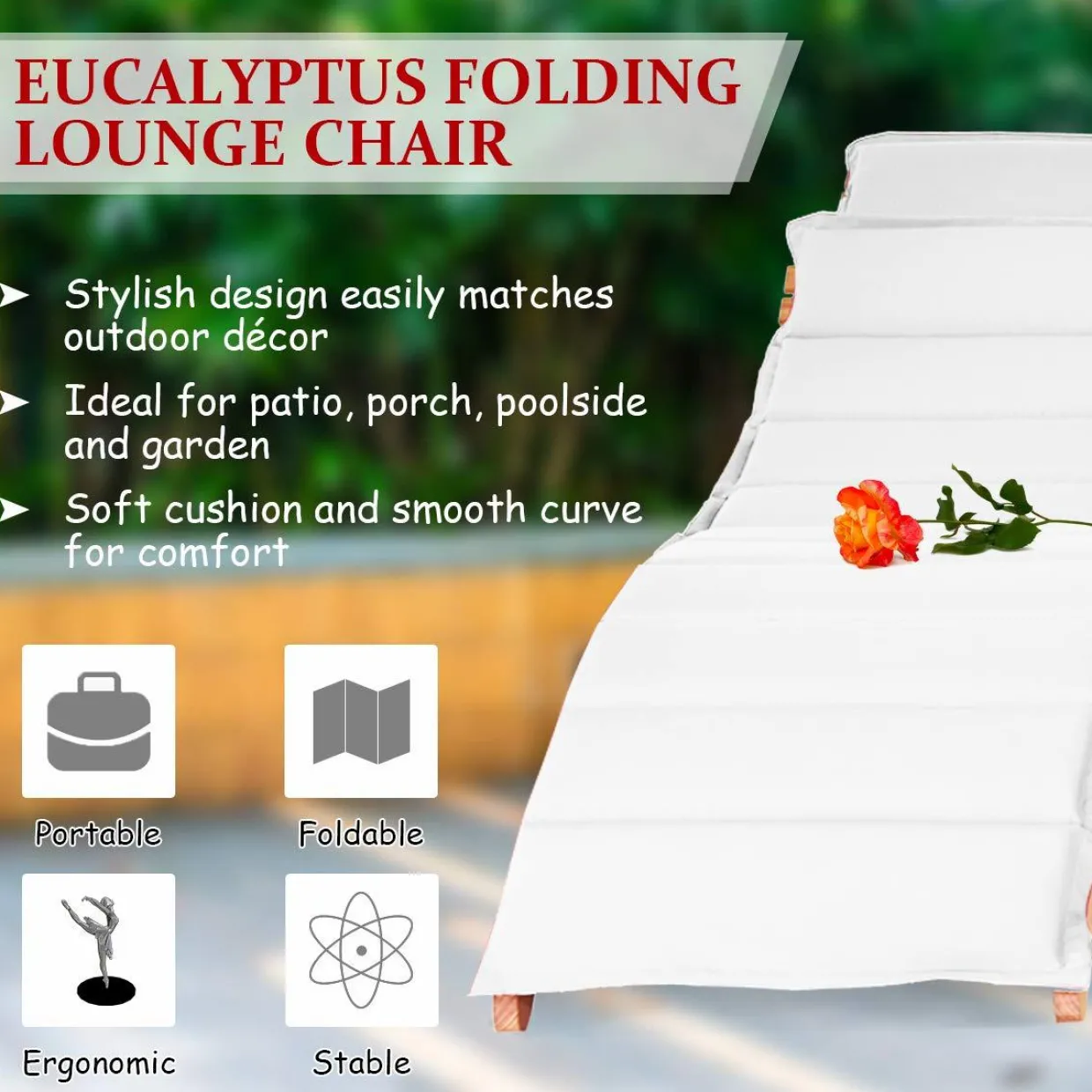 Tangkula 3 Pcs Folding Patio Solid Eucalyptus Wood Lounge Chair Set (Red & White)