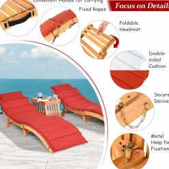 Tangkula 3 Pcs Folding Patio Solid Eucalyptus Wood Lounge Chair Set (Red & White)