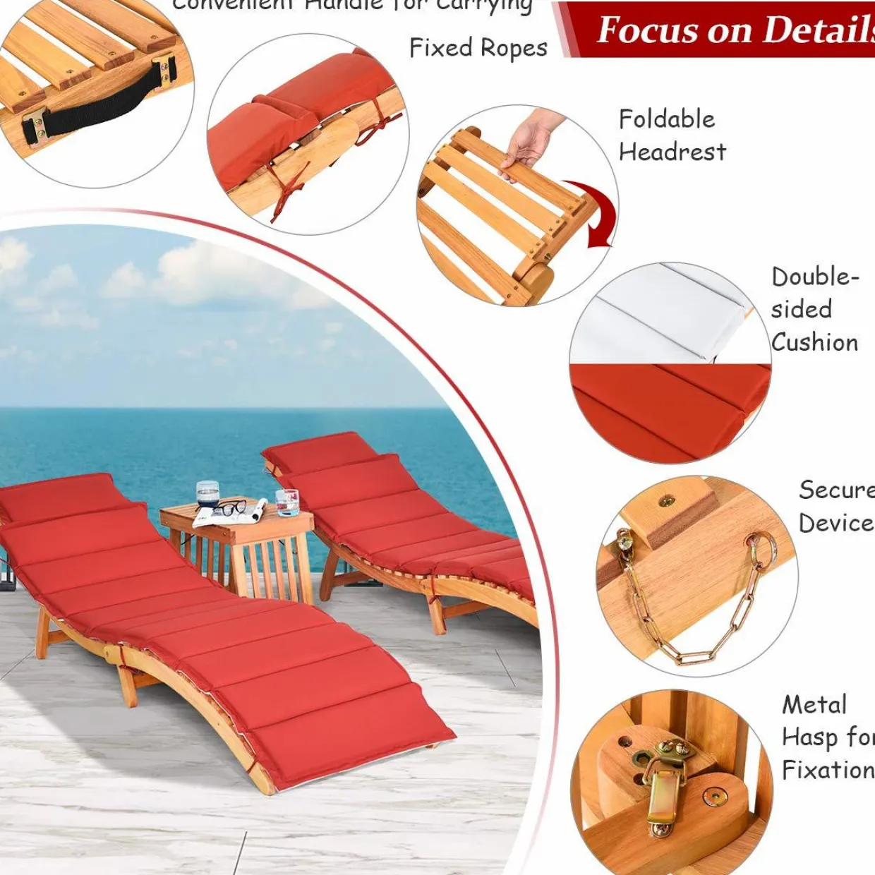 Tangkula 3 Pcs Folding Patio Solid Eucalyptus Wood Lounge Chair Set (Red & White)