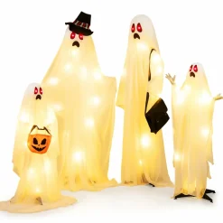 Tangkula 4 PCS Halloween Lighted Standing Ghost Family with Red & Warm White LED Lights