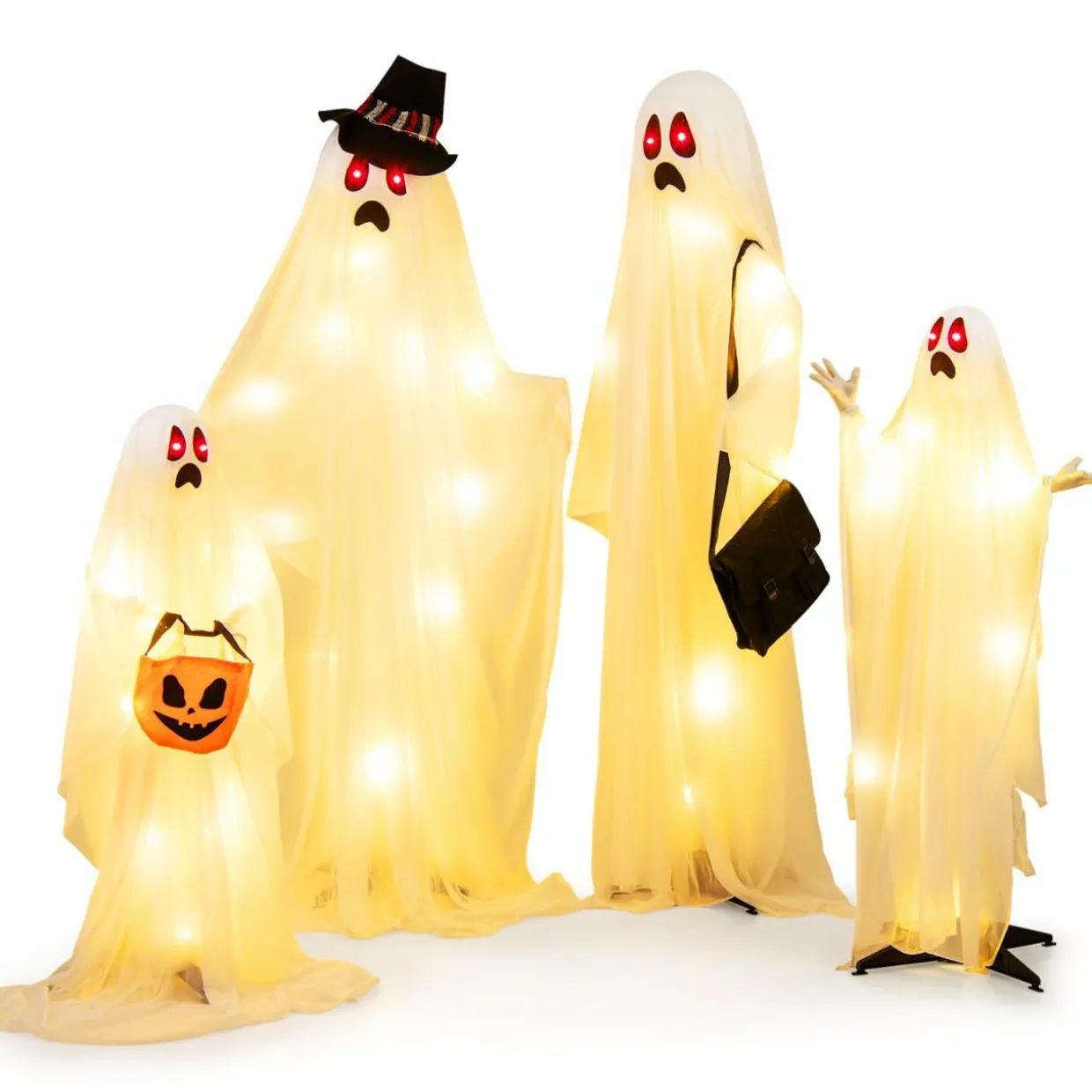 Tangkula 4 PCS Halloween Lighted Standing Ghost Family with Red & Warm White LED Lights