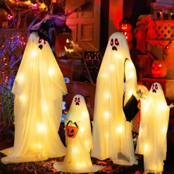Tangkula 4 PCS Halloween Lighted Standing Ghost Family with Red & Warm White LED Lights