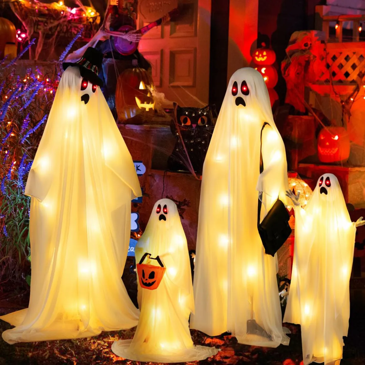Tangkula 4 PCS Halloween Lighted Standing Ghost Family with Red & Warm White LED Lights