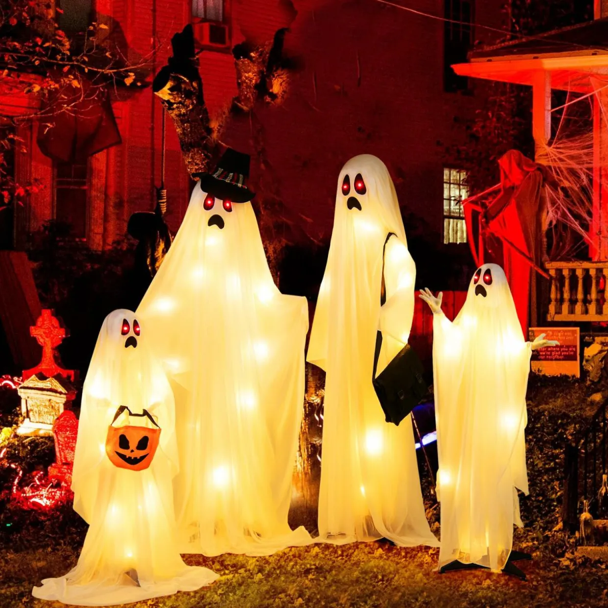 Tangkula 4 PCS Halloween Lighted Standing Ghost Family with Red & Warm White LED Lights