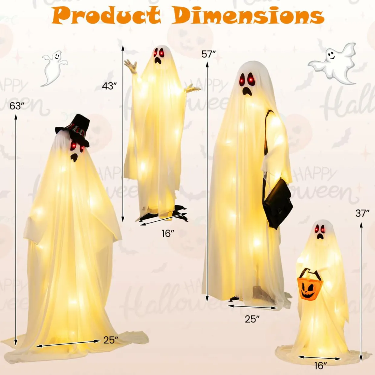 Tangkula 4 PCS Halloween Lighted Standing Ghost Family with Red & Warm White LED Lights