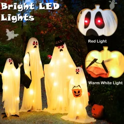 Tangkula 4 PCS Halloween Lighted Standing Ghost Family with Red & Warm White LED Lights