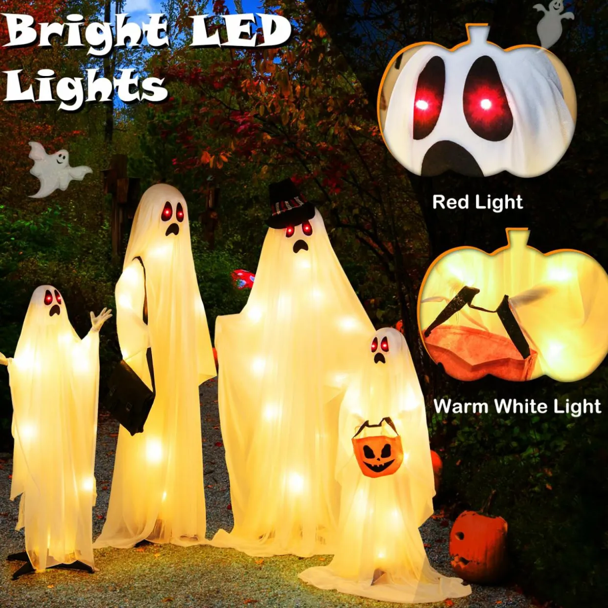 Tangkula 4 PCS Halloween Lighted Standing Ghost Family with Red & Warm White LED Lights