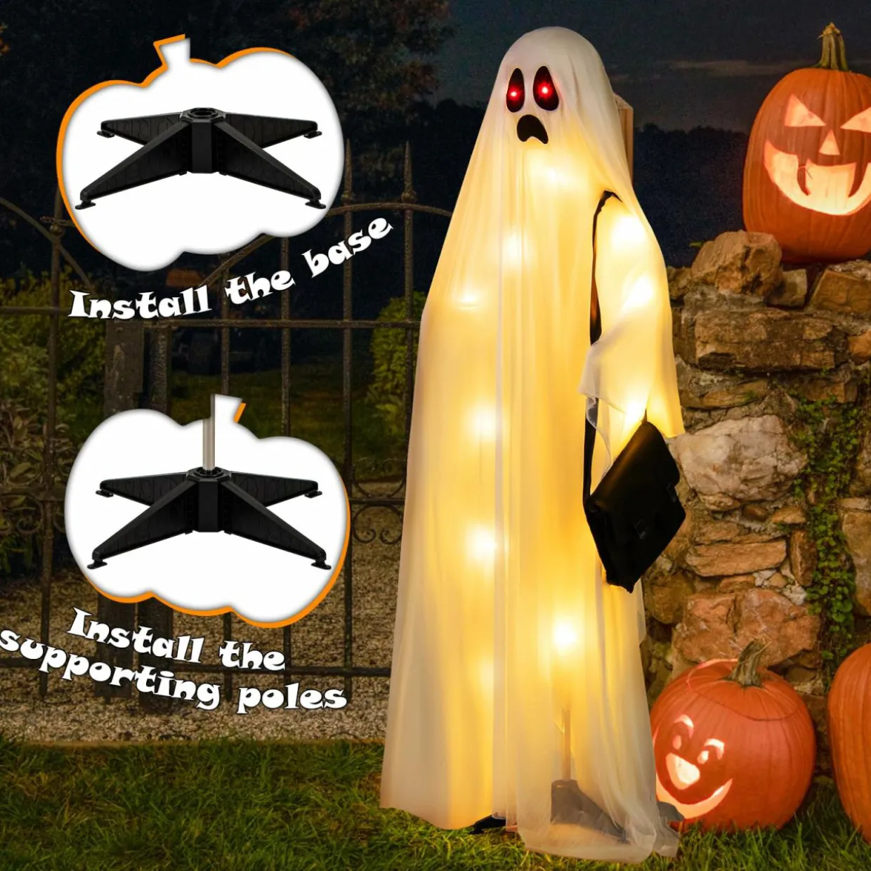 Tangkula 4 PCS Halloween Lighted Standing Ghost Family with Red & Warm White LED Lights