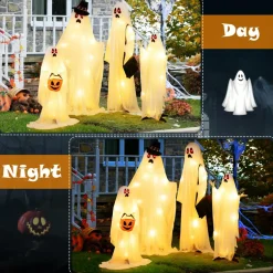 Tangkula 4 PCS Halloween Lighted Standing Ghost Family with Red & Warm White LED Lights