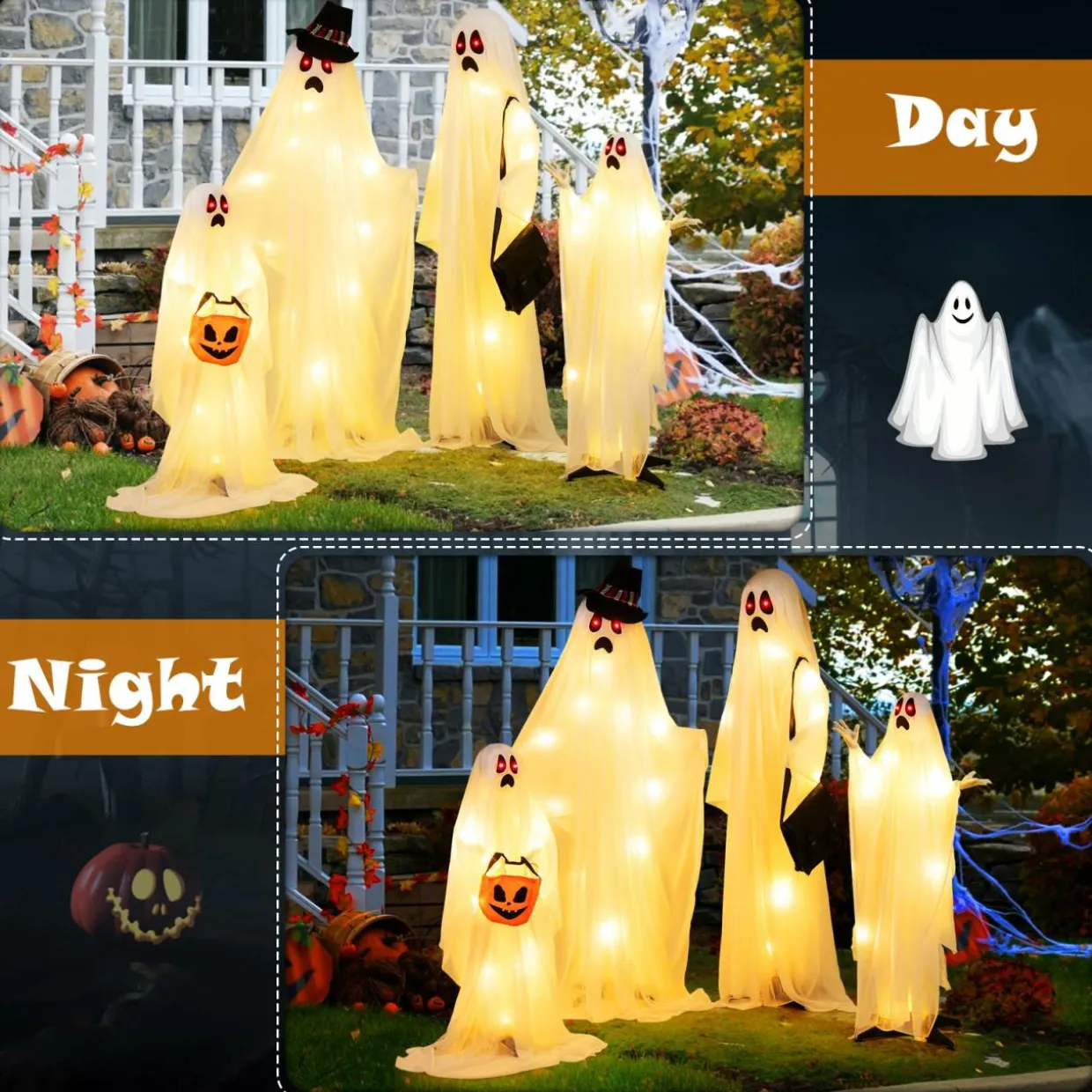 Tangkula 4 PCS Halloween Lighted Standing Ghost Family with Red & Warm White LED Lights