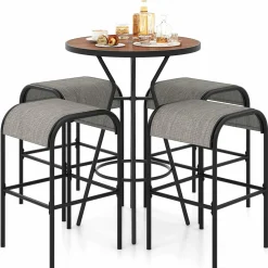 Tangkula 5 PCS Outdoor Bar Table Set, 28” Round Bar Height Table with 4 Bar Stools
