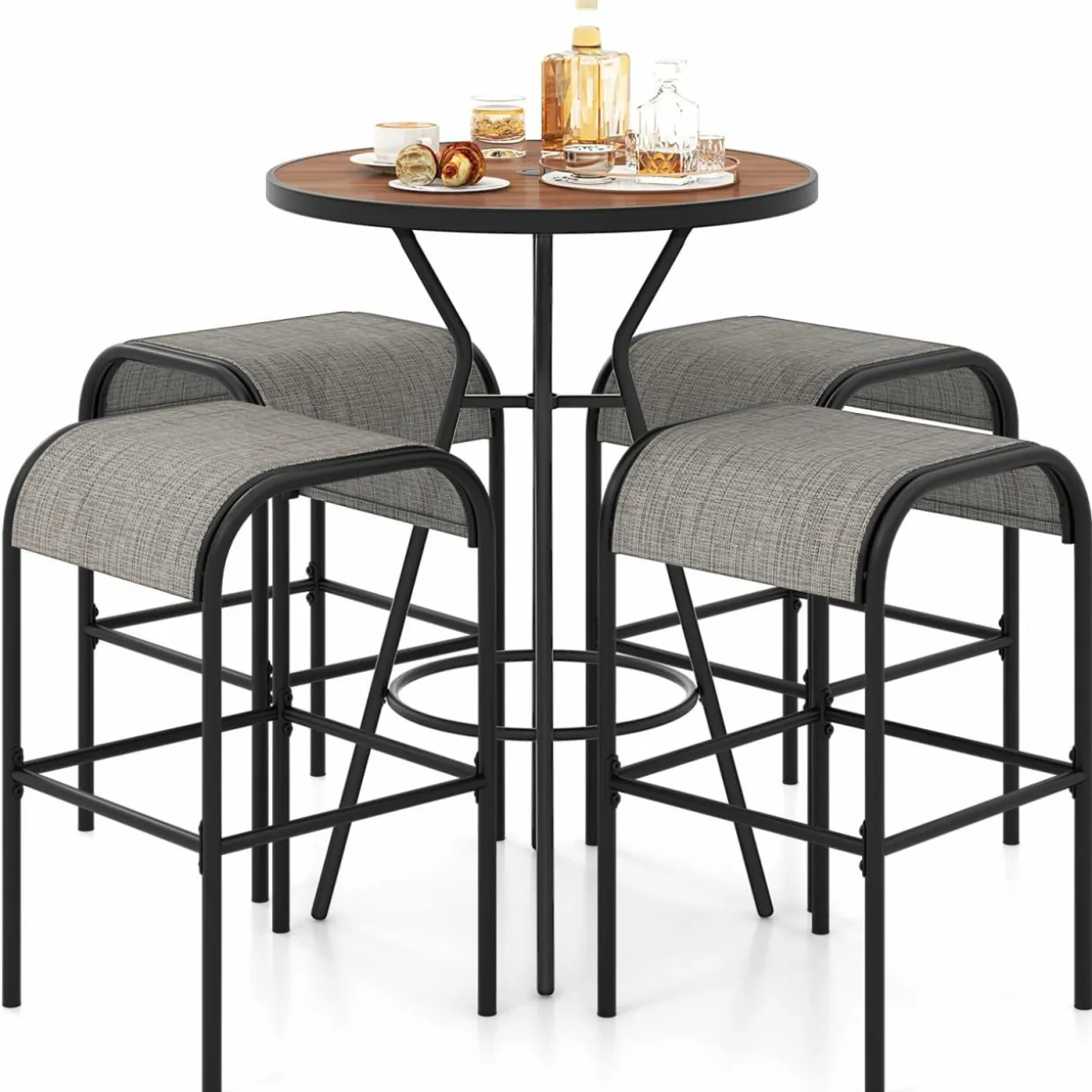 Tangkula 5 PCS Outdoor Bar Table Set, 28” Round Bar Height Table with 4 Bar Stools