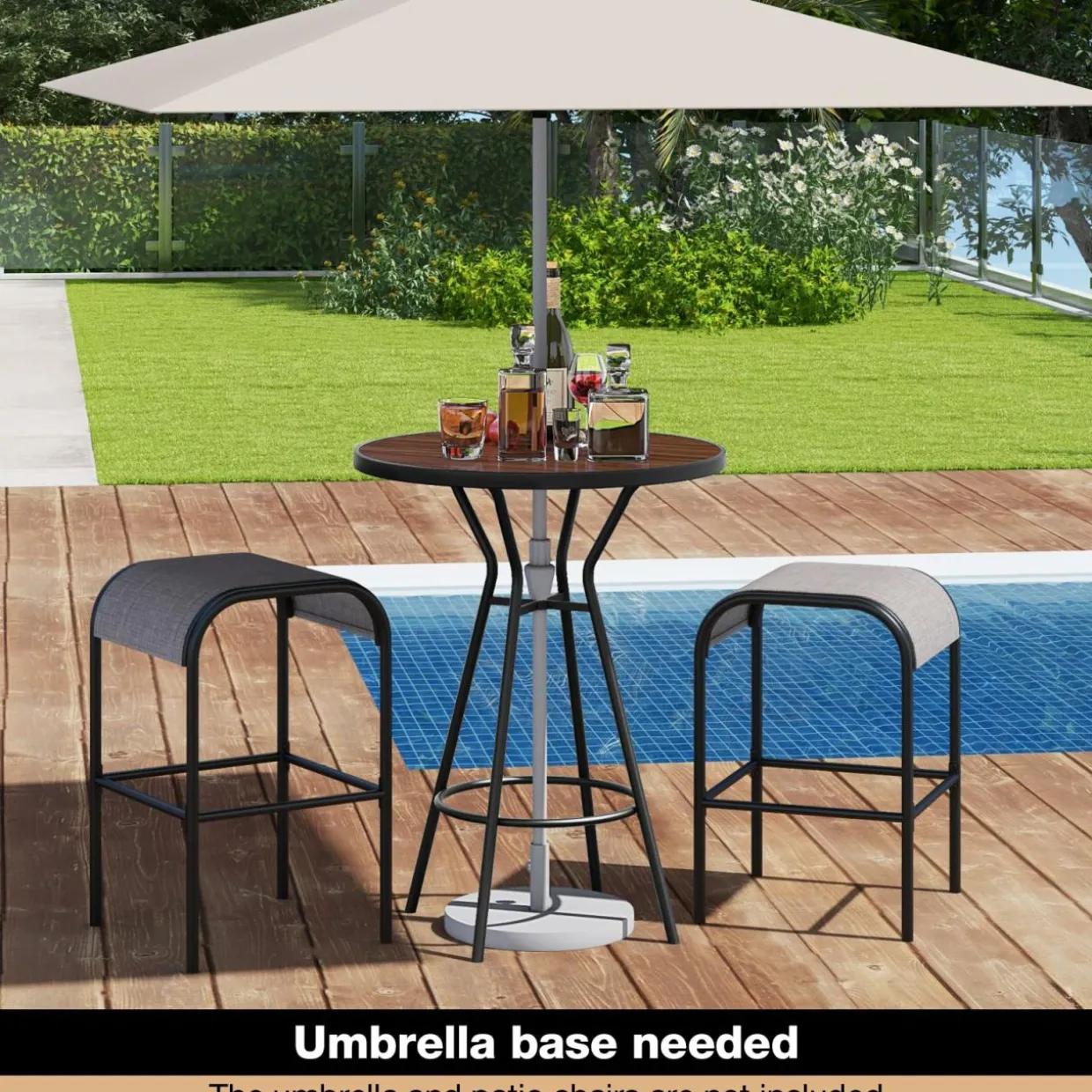 Tangkula 3 PCS Outdoor Bar Table Set, 28” Round Bar Height Table with 2 Bar Stools