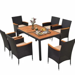 Tangkula 7 PCS Outdoor Dining Set, Patio Conversation Set with Acacia Wood Tabletop, Umbrella Hole, Removable Seat Cushions