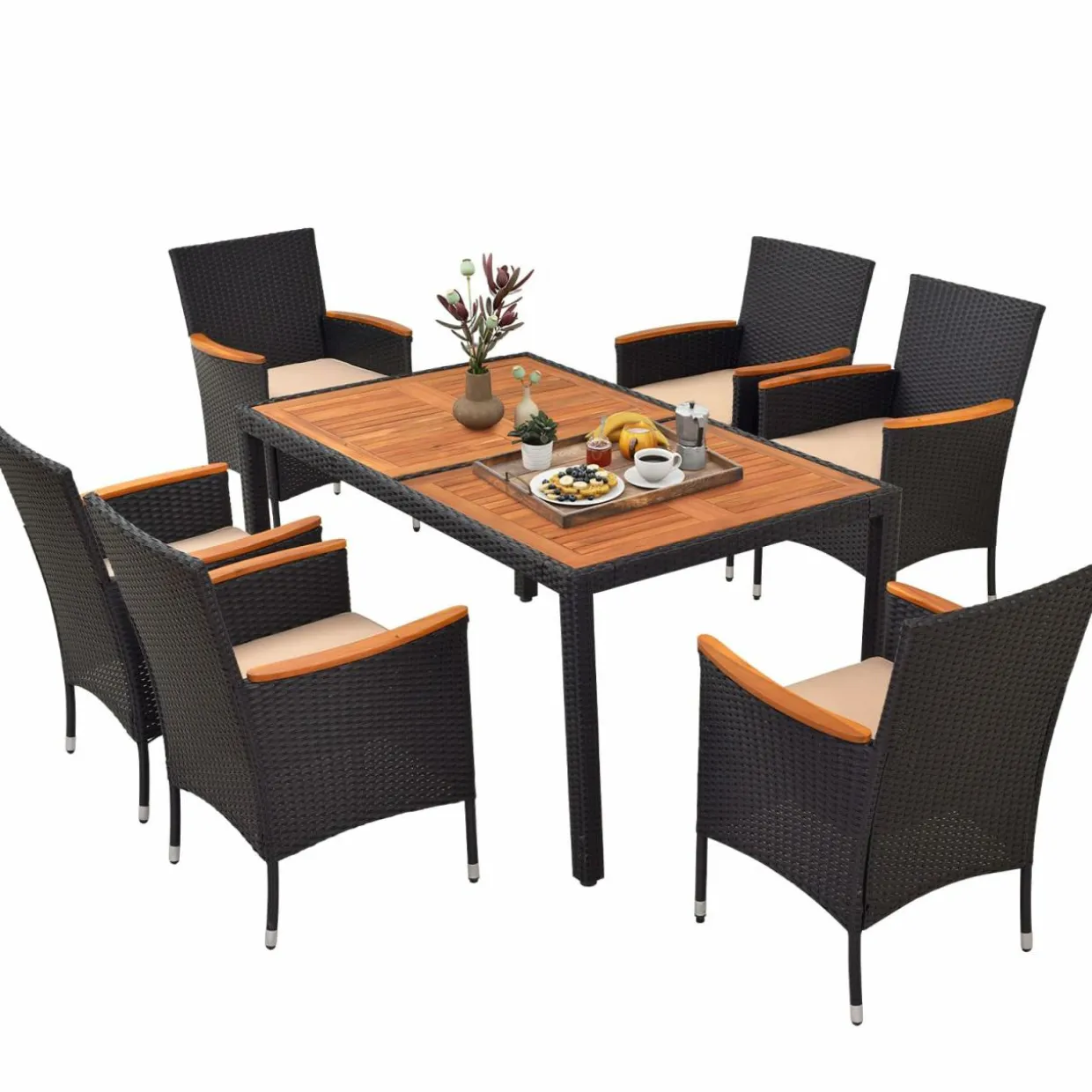 Tangkula 7 PCS Outdoor Dining Set, Patio Conversation Set with Acacia Wood Tabletop, Umbrella Hole, Removable Seat Cushions