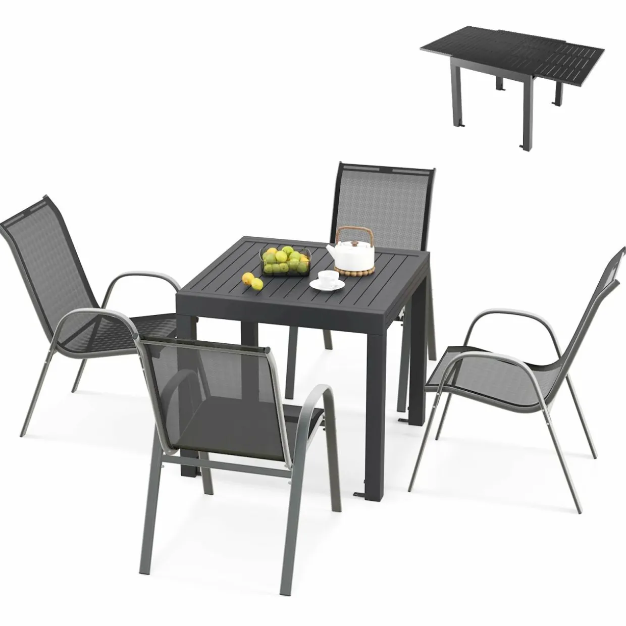 Tangkula 5 PCS Outdoor Dining Table Set, Patio Furniture Set w/Extendable Aluminum Table & 4 Stackable Chairs
