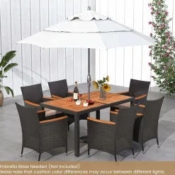 Tangkula 7 PCS Outdoor Dining Set, Patio Conversation Set with Acacia Wood Tabletop, Umbrella Hole, Removable Seat Cushions