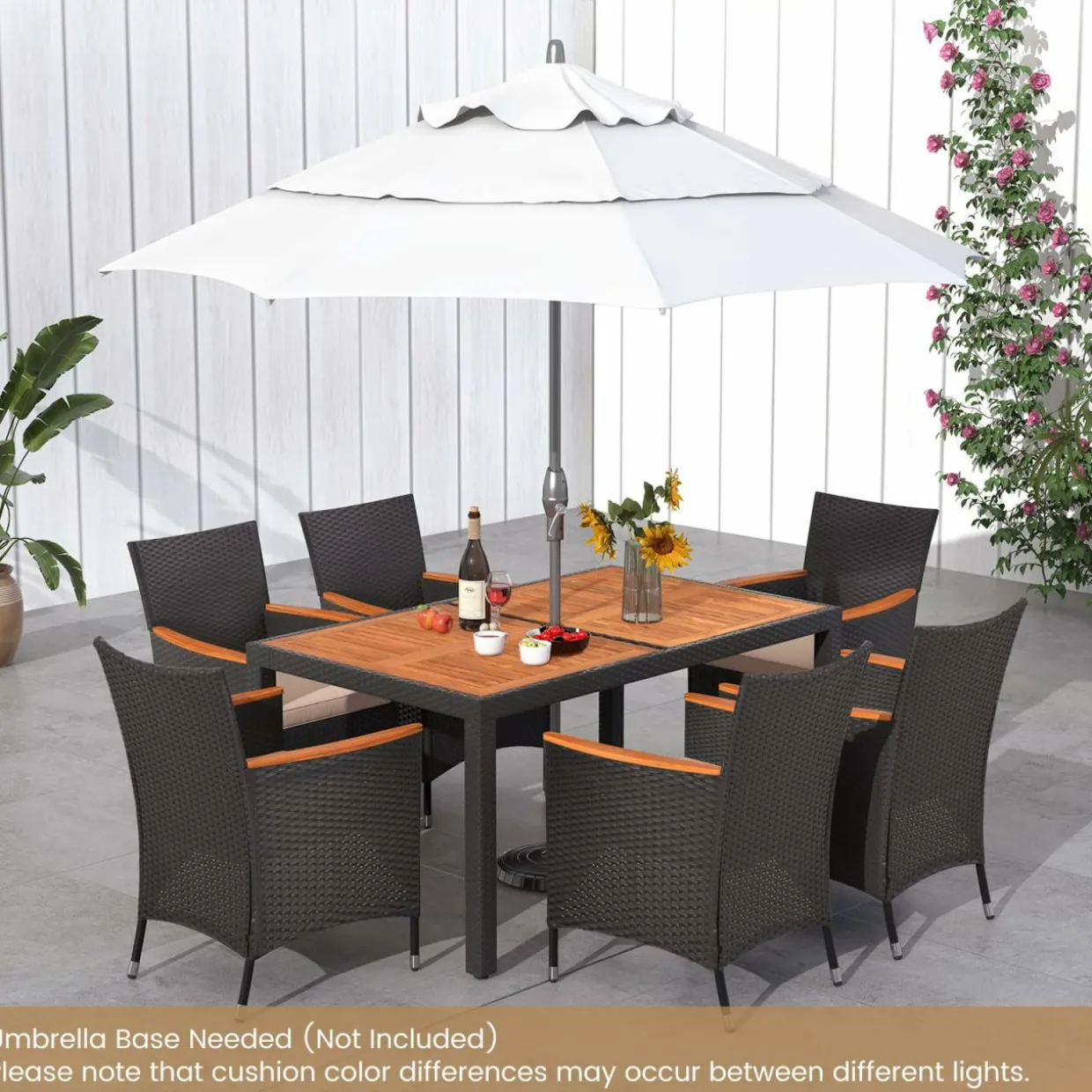Tangkula 7 PCS Outdoor Dining Set, Patio Conversation Set with Acacia Wood Tabletop, Umbrella Hole, Removable Seat Cushions