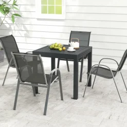 Tangkula 5 PCS Outdoor Dining Table Set, Patio Furniture Set w/Extendable Aluminum Table & 4 Stackable Chairs