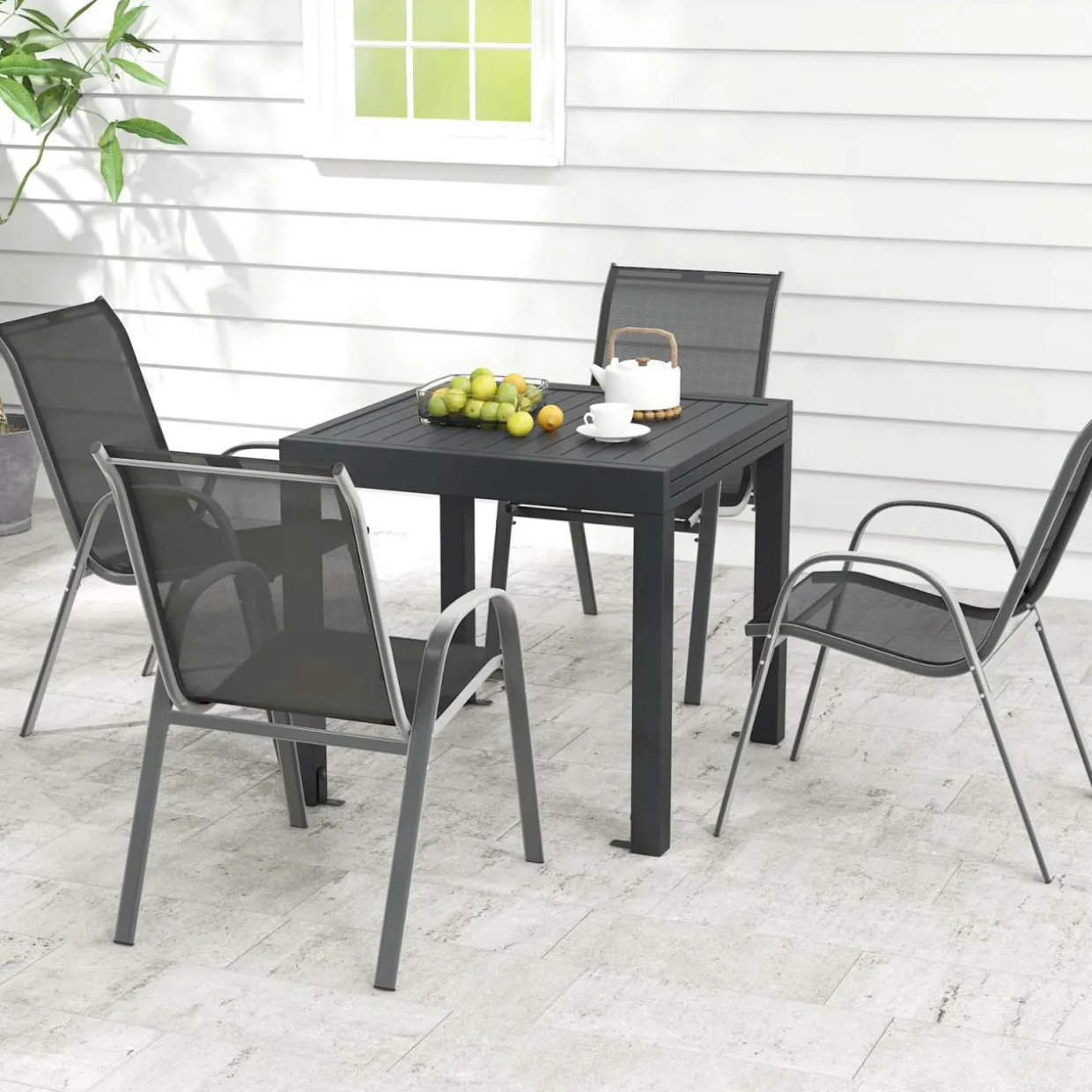Tangkula 5 PCS Outdoor Dining Table Set, Patio Furniture Set w/Extendable Aluminum Table & 4 Stackable Chairs