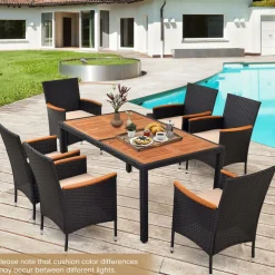 Tangkula 7 PCS Outdoor Dining Set, Patio Conversation Set with Acacia Wood Tabletop, Umbrella Hole, Removable Seat Cushions