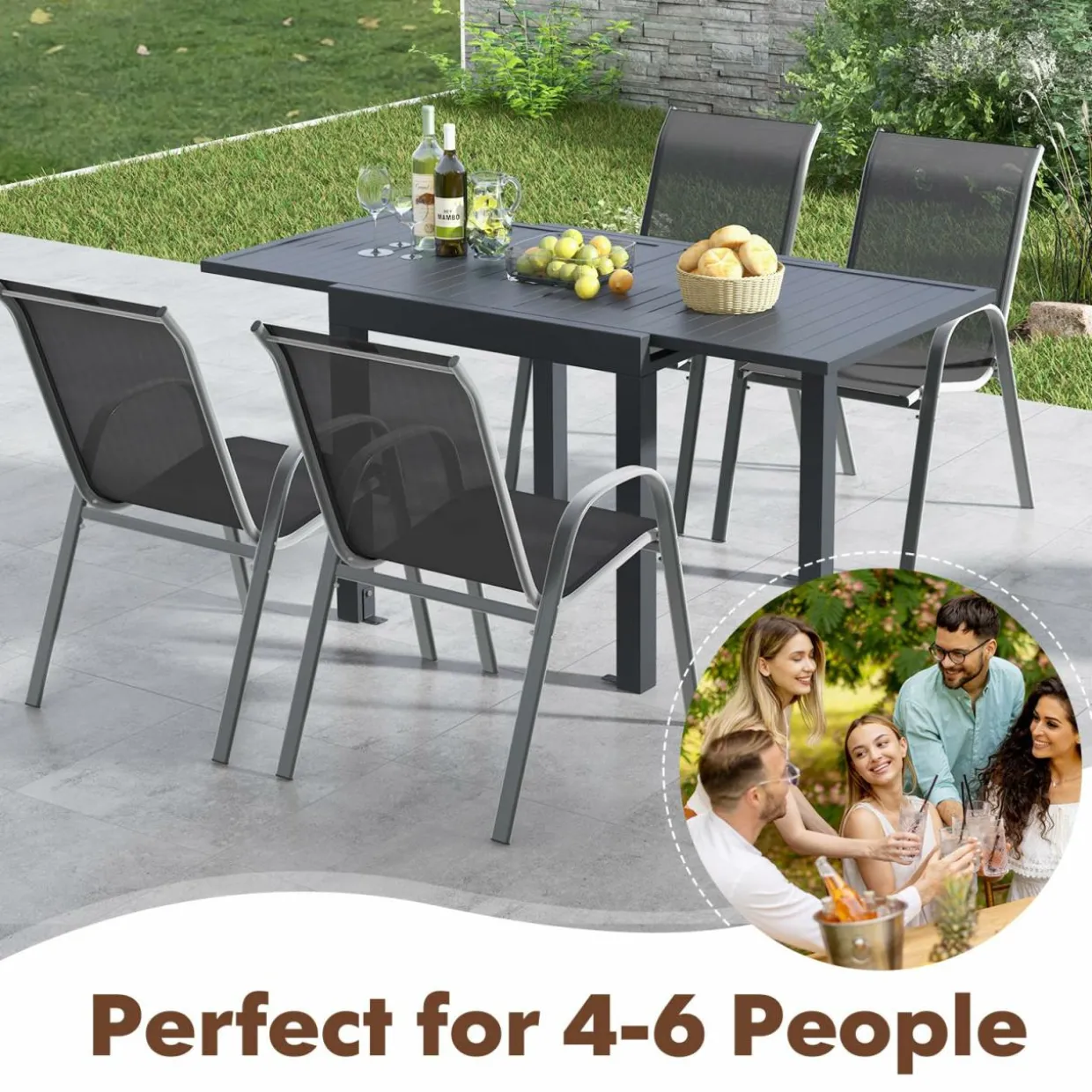 Tangkula 5 PCS Outdoor Dining Table Set, Patio Furniture Set w/Extendable Aluminum Table & 4 Stackable Chairs
