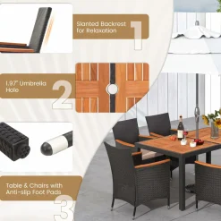 Tangkula 7 PCS Outdoor Dining Set, Patio Conversation Set with Acacia Wood Tabletop, Umbrella Hole, Removable Seat Cushions