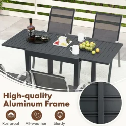 Tangkula 5 PCS Outdoor Dining Table Set, Patio Furniture Set w/Extendable Aluminum Table & 4 Stackable Chairs