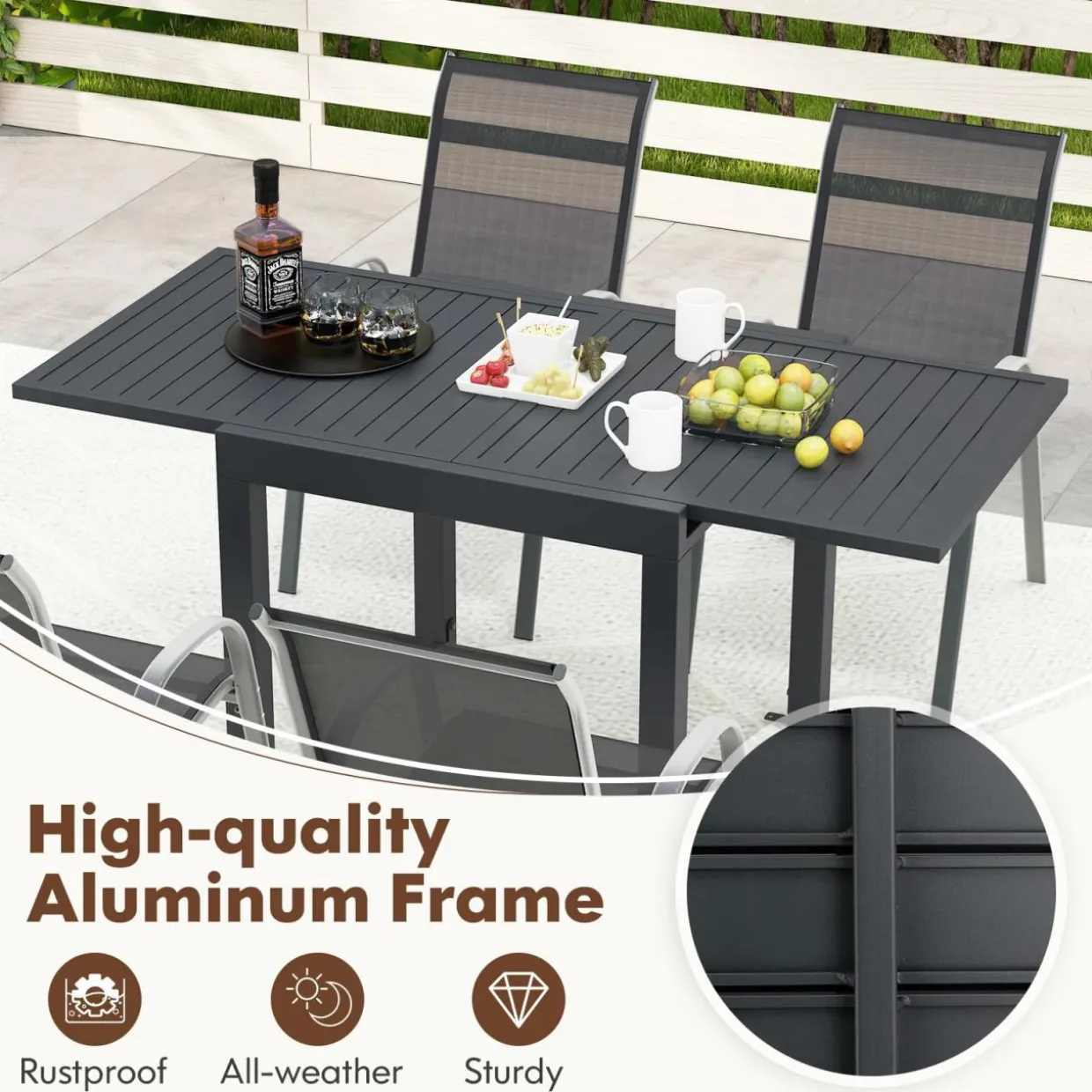 Tangkula 5 PCS Outdoor Dining Table Set, Patio Furniture Set w/Extendable Aluminum Table & 4 Stackable Chairs