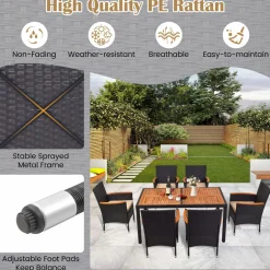 Tangkula 7 PCS Outdoor Dining Set, Patio Conversation Set with Acacia Wood Tabletop, Umbrella Hole, Removable Seat Cushions
