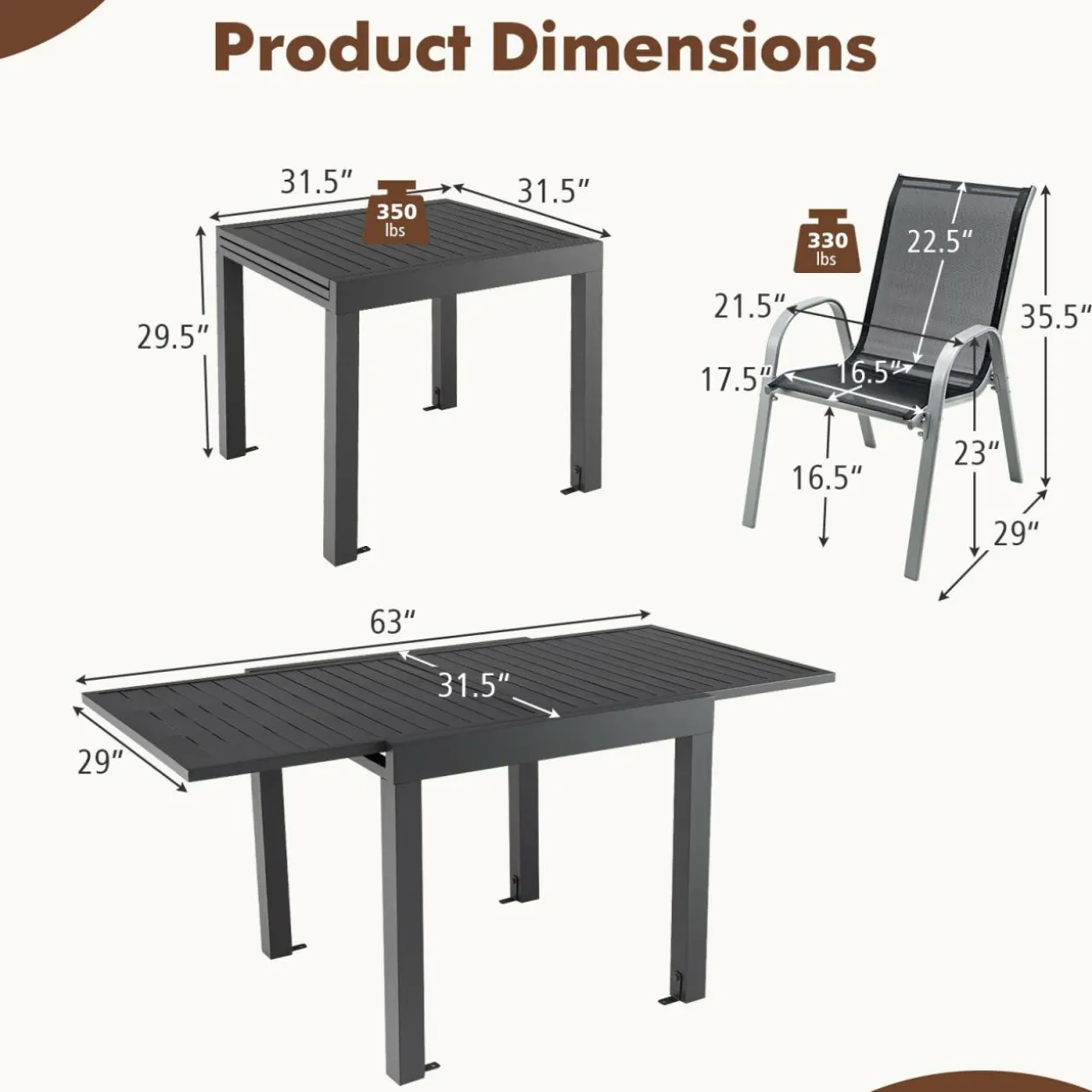 Tangkula 5 PCS Outdoor Dining Table Set, Patio Furniture Set w/Extendable Aluminum Table & 4 Stackable Chairs