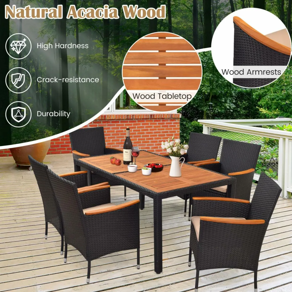 Tangkula 7 PCS Outdoor Dining Set, Patio Conversation Set with Acacia Wood Tabletop, Umbrella Hole, Removable Seat Cushions
