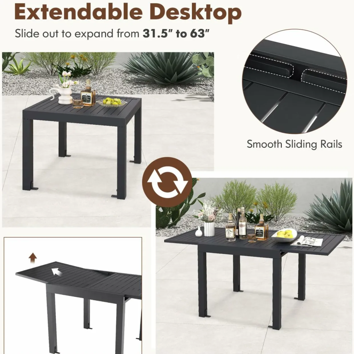 Tangkula 5 PCS Outdoor Dining Table Set, Patio Furniture Set w/Extendable Aluminum Table & 4 Stackable Chairs