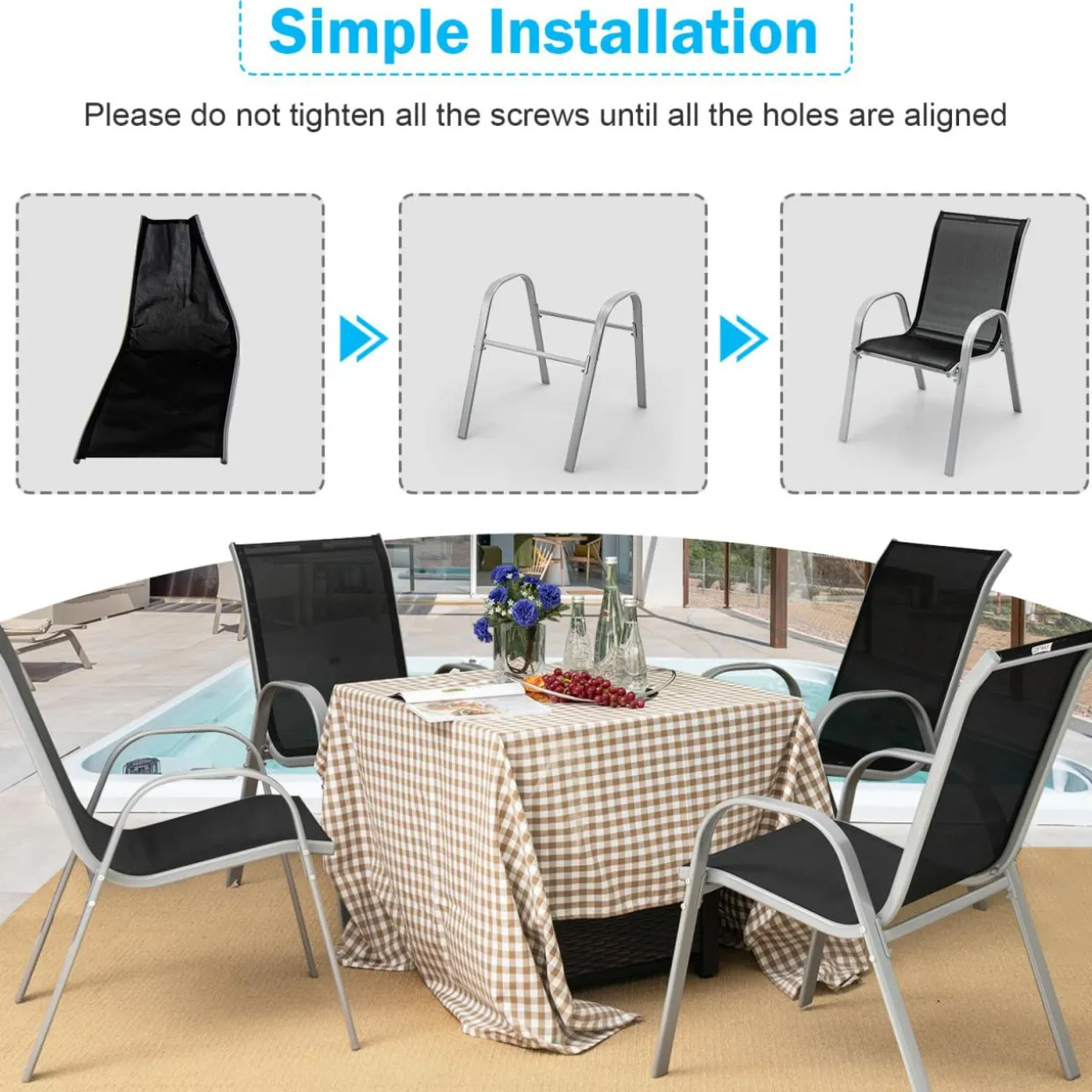 Tangkula 5 PCS Outdoor Dining Table Set, Patio Furniture Set w/Extendable Aluminum Table & 4 Stackable Chairs