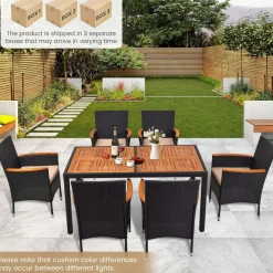 Tangkula 7 PCS Outdoor Dining Set, Patio Conversation Set with Acacia Wood Tabletop, Umbrella Hole, Removable Seat Cushions