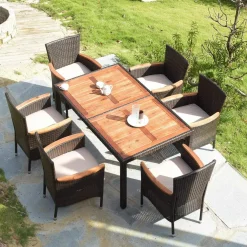 Tangkula 7 PCS Outdoor Patio Dining Set, Garden Dining Set w/Acacia Wood Table Top