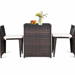 Tangkula 3 PCS Outdoor Rattan Dining Set (Brown)