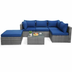 Tangkula 6 PCS Outdoor Rattan Sofa Set, Cushioned Sectional Set with Seat & Back Cushions