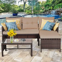 Tangkula 3 PCS Outdoor Rattan Furniture Sofa Set