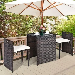 Tangkula 3 PCS Outdoor Rattan Dining Set (Brown)