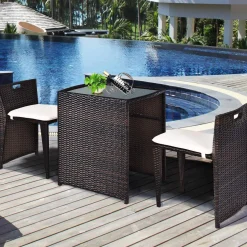 Tangkula 3 PCS Outdoor Rattan Dining Set (Brown)