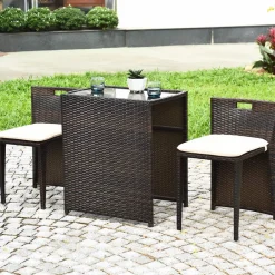 Tangkula 3 PCS Outdoor Rattan Dining Set (Brown)