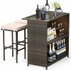 Tangkula 3 Pcs Patio Bar Set, Outdoor Rattan Bar Table and 2 Stools with Tempered Glass Tabletop, 2-Tier Storage