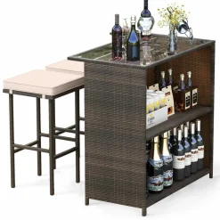 Tangkula 3 Pcs Patio Bar Set, Outdoor Rattan Bar Table and 2 Stools with Tempered Glass Tabletop, 2-Tier Storage