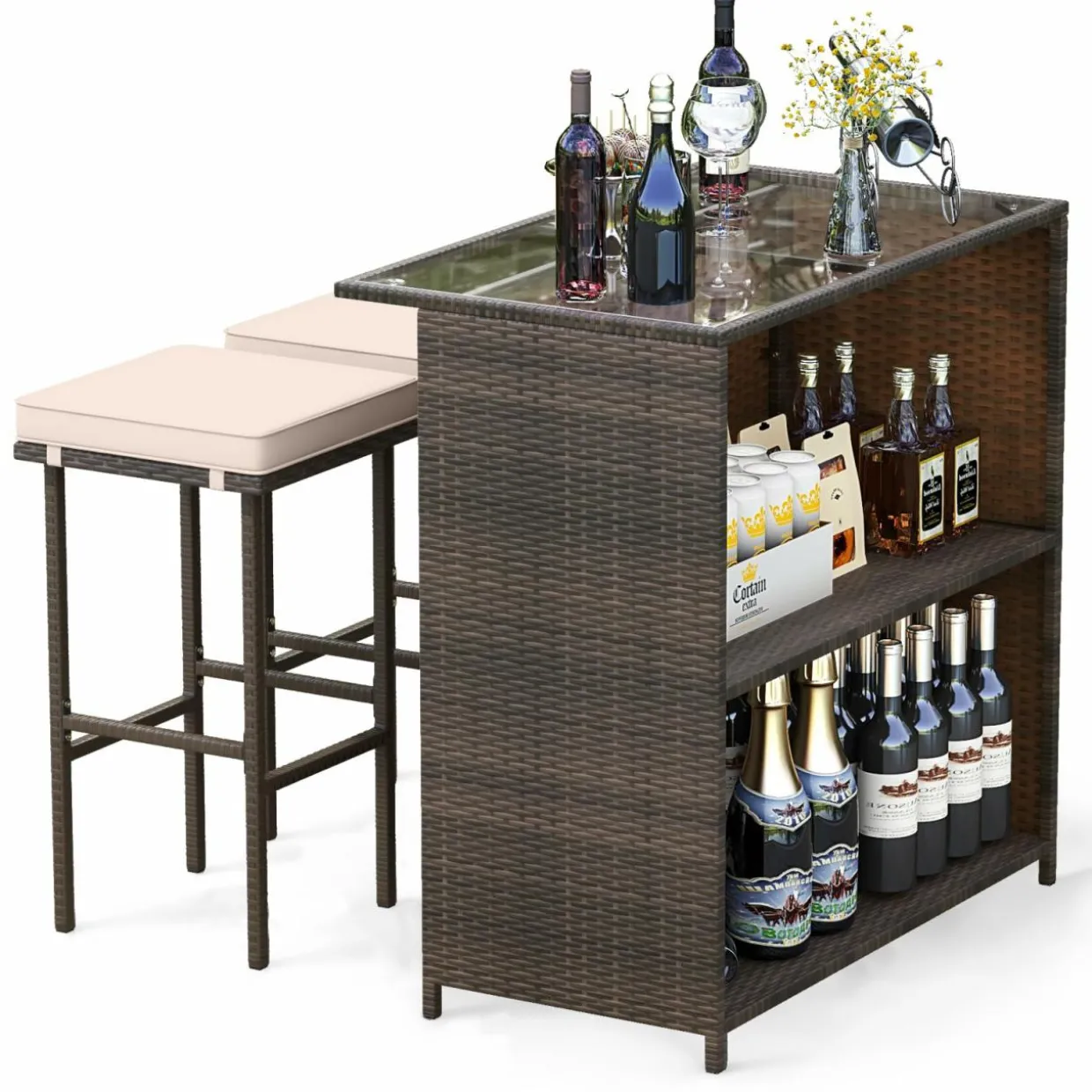 Tangkula 3 Pcs Patio Bar Set, Outdoor Rattan Bar Table and 2 Stools with Tempered Glass Tabletop, 2-Tier Storage