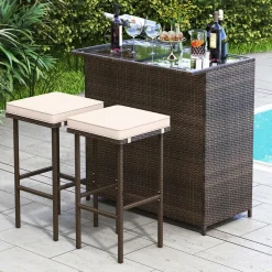 Tangkula 3 Pcs Patio Bar Set, Outdoor Rattan Bar Table and 2 Stools with Tempered Glass Tabletop, 2-Tier Storage