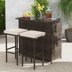Tangkula 3 Pcs Patio Bar Set, Outdoor Rattan Bar Table and 2 Stools with Tempered Glass Tabletop, 2-Tier Storage