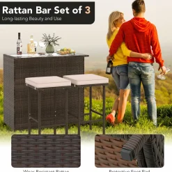 Tangkula 3 Pcs Patio Bar Set, Outdoor Rattan Bar Table and 2 Stools with Tempered Glass Tabletop, 2-Tier Storage