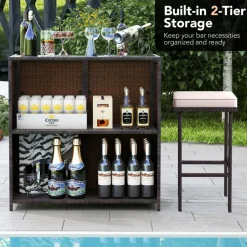 Tangkula 3 Pcs Patio Bar Set, Outdoor Rattan Bar Table and 2 Stools with Tempered Glass Tabletop, 2-Tier Storage
